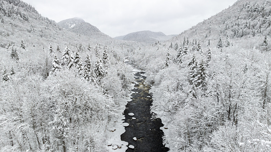 Aerial View of Boreal Nature Forest and River in Winter After Snowstorm.\nRiviere Neilson River in Zec Batiscan Neilson, Saint-Raymond, Quebec, Canada.