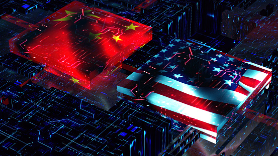 processor unit, chip war. processing information inside technological environment. china and usa flag.