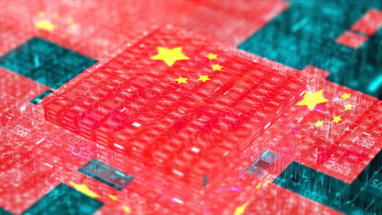 Processor Unit, Chip War. The Chip Crisis, The World's Big Problem. China Flag.