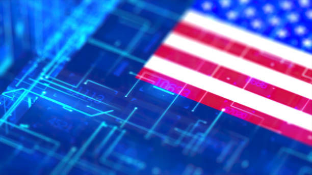 processor unit, chip war. processing information inside technological environment. usa flag. stock photo