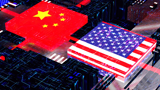 Processor Unit, Chip War. The Chip Crisis, The World's Big Problem. China and usa Flag.