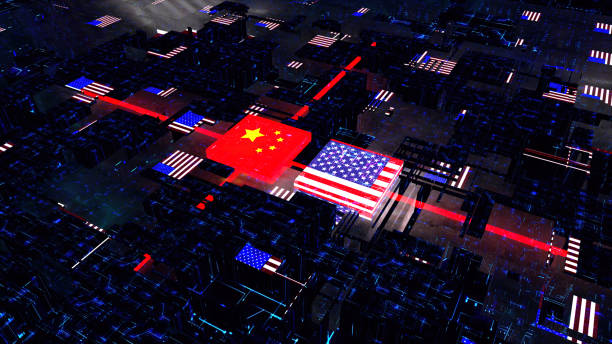processor unit, chip war. processing information inside technological environment. china and usa flag. stock photo