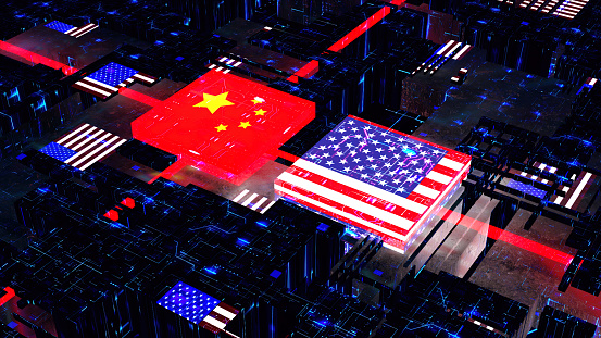 Processor Unit, Chip War. The Chip Crisis, The World's Big Problem. China and usa Flag.