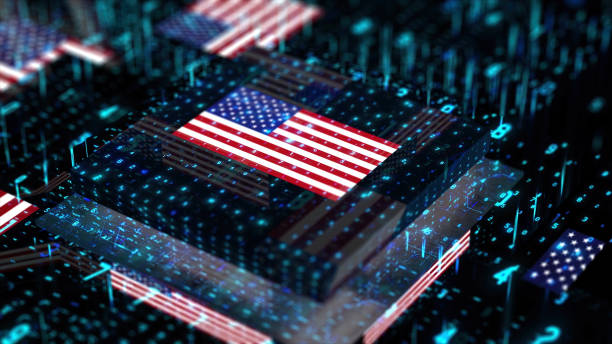 istock Processor Unit, Chip War. The Chip Crisis, The World's Big Problem. usa Flag. 1450625975