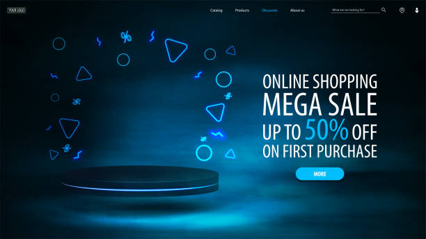istock Special offer, mega sale, blue discount banner with offer and empty podium for product presentation, 3d realistic vector illustration. 1450632252
