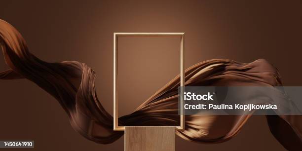 3d Display Podium Brown Background With Wood Frame Pedestal And Flying Silk Cloth Curtain Nature Wind Beauty Cosmetic Product Presentation Stand Luxury Feminine Mockup 3d Render Advertisement Stock Photo - Download Image Now