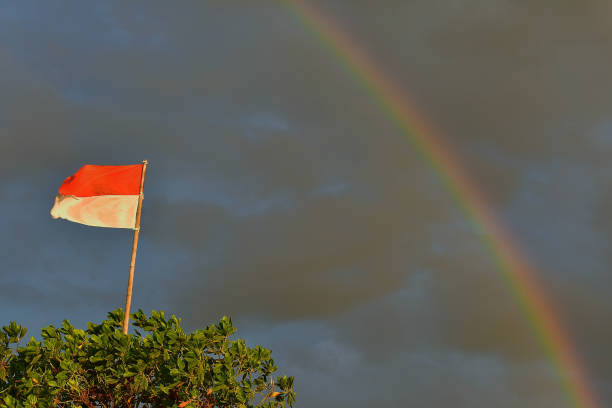 Red flag is flying in the sky. The sky is cloudy and the sun is setting. The flag is slightly damaged, with a few tears in it