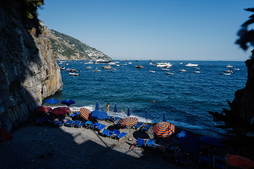 Positano beach at sunny day, Amalfi coast of Italy.