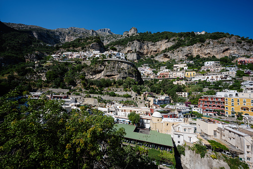 Positano with hotels and houses on hills, in Campania, Italy.