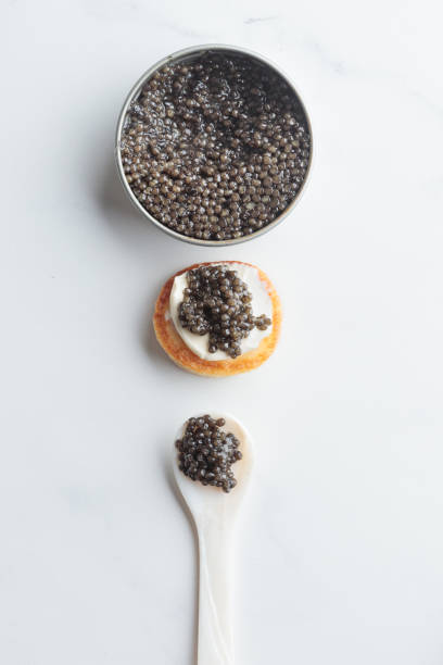 Black caviar and appetizer mini pancake top view Black caviar and appetizer mini pancake with a pearl spoon top view Vertical on a white background with a copy space fish roe stock pictures, royalty-free photos & images