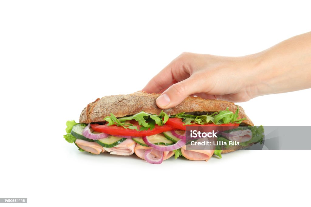 Female hand holds ciabatta sandwich, isolated on white background Subway Stock Photo