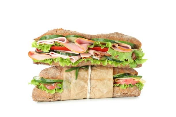 istock Tasty ciabatta sandwiches isolated on white background 1450654604