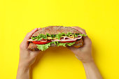 Female hands hold ciabatta sandwich on yellow background