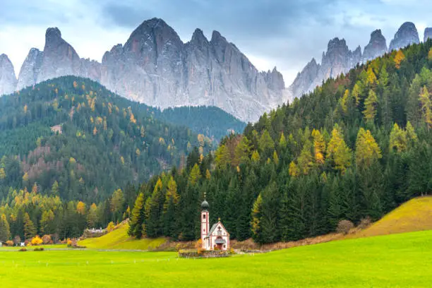 Photo of Alto Adige, Chapel, Church, Dolomites, European Alps in autumn.