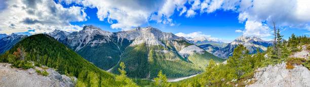 istock Breathtaking panoramic view of a snowy mountain range, with a grassy meadow, on a sunny day 1450662407