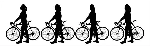 Vector illustration of The girl stands motionless and holds the handlebars of a bicycle in his hands. A woman with a bicycle looks around and turns his head around. Side view. Four black female silhouettes isolated on white