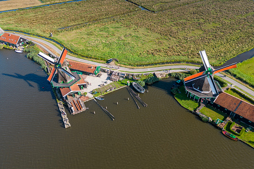 Two windmills near Amsterdam. Drone point of view.