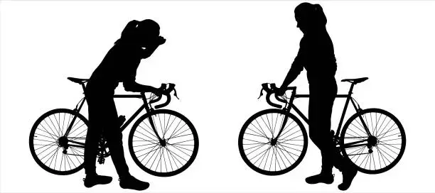 Vector illustration of A young woman with a bicycle examines everything around him, bends down with his body, and turns his head around. Side view. Sportsman. Cycling tourism. Four black female silhouettes isolated on white