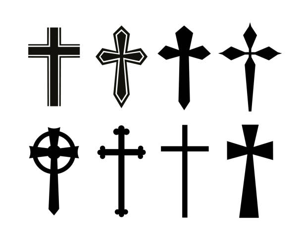 ilustraciones, imágenes clip art, dibujos animados e iconos de stock de cruz de silueta cristiana aislada sobre fondo blanco. - silhouette cross shape ornate cross