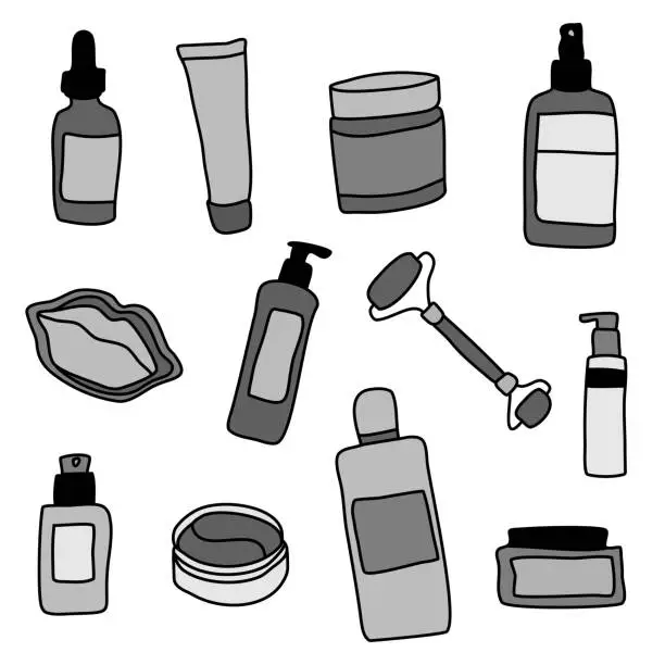 Vector illustration of Set of black and white bottles, jars and tubes with skin care products. Vector flat illustration isolated on white. Sketch, doodle, mockup. Organic cruelty-free vegan care. Body treatment concept.