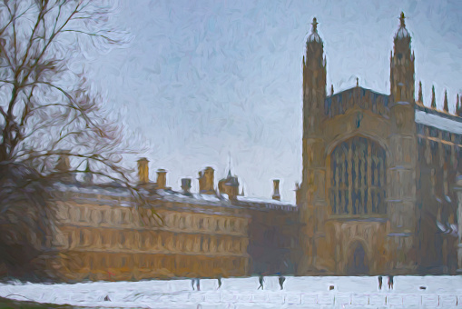 Snow on the ground and roof around Kings College Chapel in Cambridge, UK.