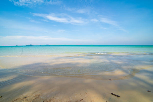 Sea beach wave clear turquoise sea water smooth sand blue sky with cloud summer vacation background