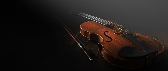 A violin with a bow on the wooden table. 3d illustration.