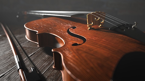 A violin with a bow on the wooden table. 3d illustration.