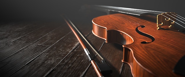A violin with a bow on the wooden table. 3d illustration.