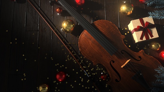 Christmas carols concept, with a violin, gift and baubles on the wooden floor. 3d illustration.
