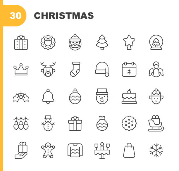 ilustraciones, imágenes clip art, dibujos animados e iconos de stock de iconos de línea de navidad. trazo editable, contiene iconos como campana, bola de navidad, luces de navidad, árbol de navidad, corona de navidad, decoración, regalo, bolsa de regalo, reno, santa claus, sombrero de santa claus, muñeco de nieve, calcetin - vector bell christmas lights celebration