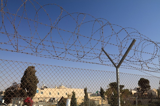 Jerusalem city barbed wire fence in Israel. Security barriers in Israel.