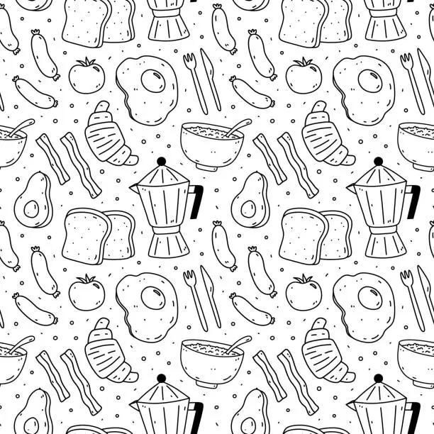 Vector illustration of Cute seamless pattern with breakfast food - fried eggs, bacon, toasts, sausages, coffee, avocado, tomato, oatmeal. Vector hand-drawn doodle illustration. Perfect for print, wrapping paper, wallpaper.