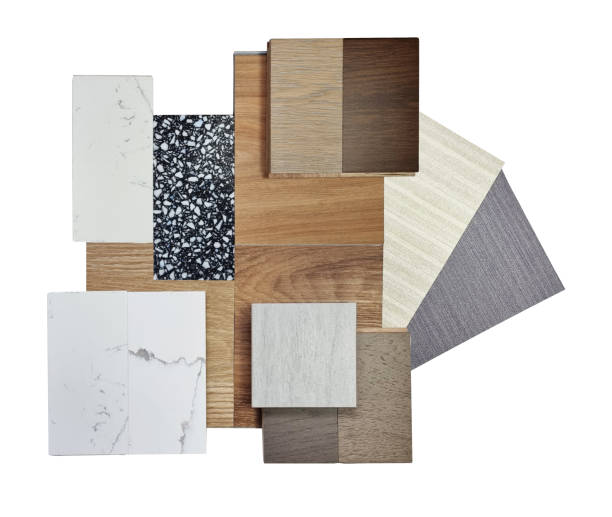 istock material samples for interior design contains ceramic tile, white marble, wooden laminated floorings, vinyl flooring tiles, wallpapers, black terrazzo isolated on white background with clipping path. 1450680856