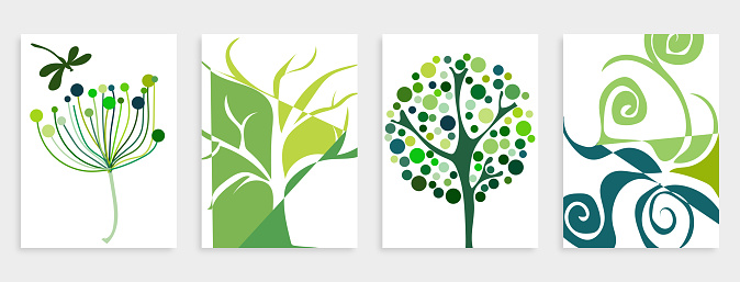 Vector hand drawing green tree plant pattern card banner abstract creative universal artistic templates background.Set of good for poster, card, invitation, flyer, cover, banner, placard, brochure and other graphic design