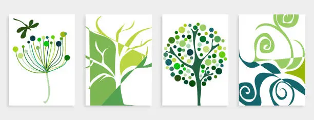 Vector illustration of Vector hand drawing tree green plant pattern card banner abstract creative universal artistic templates background.Set of good for poster, card, invitation, flyer, cover, banner, placard, brochure and other graphic design