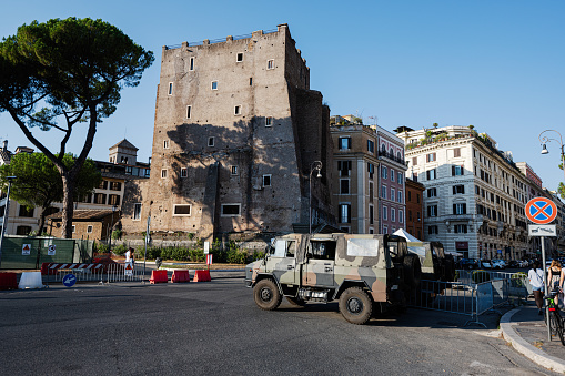 Rome, Italy - July 27, 2022: Italian Armed Forces, Esercito Italiano. Army truck in Rome, Italy.