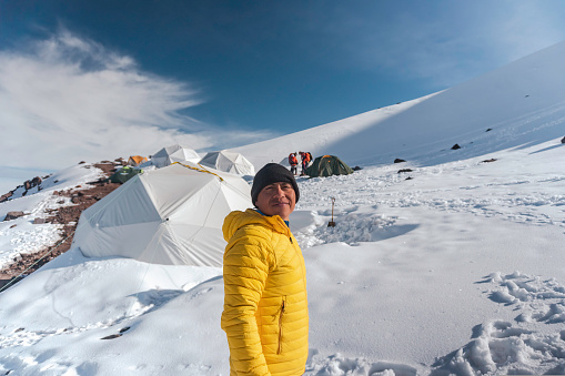 a mountaineer in the high field of the chimborazo volcano