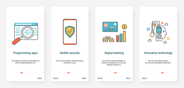 Mobile apps development. Mobile security, web digital banking, innovative technology vector monocolor illustration