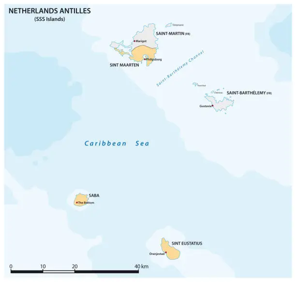 Vector illustration of Vector map of the three SSS islands, Netherlands Antilles
