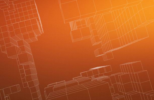 Illustration of futuristic lines and square shapes on gradient orange background