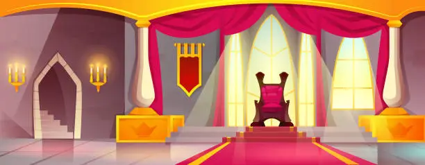 Vector illustration of Cartoon medieval castle with empty ballroom with king throne