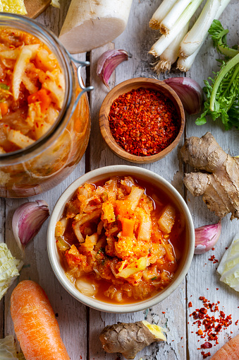 Homemade kimchee and glass jar