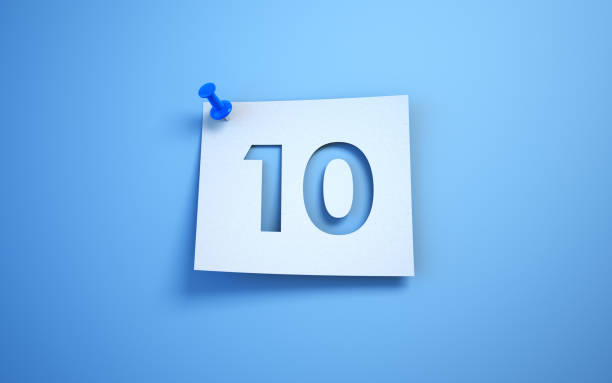 Number 10 cut on note paper, White note paper blue background 3d render Number 10 cut on note paper, White note paper blue background, Blue thumbtack (close-up) number 10 sign stock pictures, royalty-free photos & images