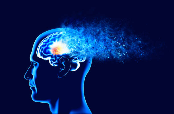 memory lapses, forgetting things, degenerative disease. brain problems. parkinson and alzheimer desease. mental health. face side view - dementie stockfoto's en -beelden