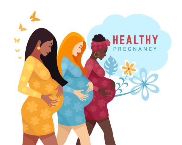 Healthy pregnancy banner. Pregnant women of different ethnicity. vector art illustration