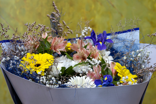 Rustic flower arrangement, Flowers in a rural house, Bouquet of wild flowers. selective focus.
