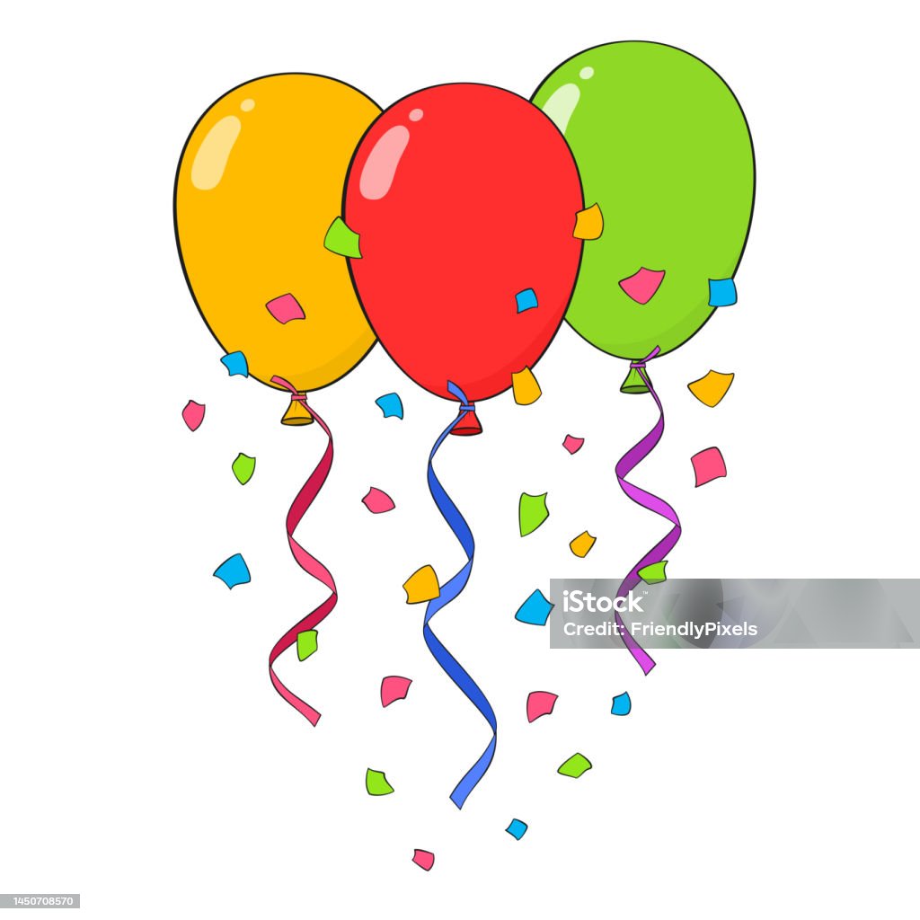 Colorful Balloons With Ribbons And Confetti Cartoon Vector Illustration  Stock Illustration - Download Image Now - iStock