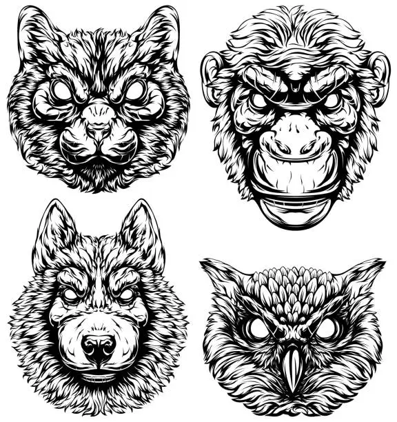 Vector illustration of Black and white hand drawn face of monkey, cat, dog, owl. Vector illustration mascot art.