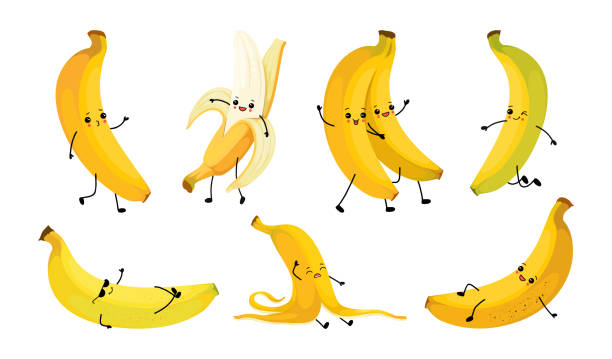 süße bananenfiguren, lächelndes gesicht. glückliches kinder-emoji mit augenhand und beinen, kinderaktion, leckerer obstaufkleber. tropisches vegetarisches snack-maskottchen, vektor-cartoon-illustration - banana bunch yellow healthy lifestyle stock-grafiken, -clipart, -cartoons und -symbole